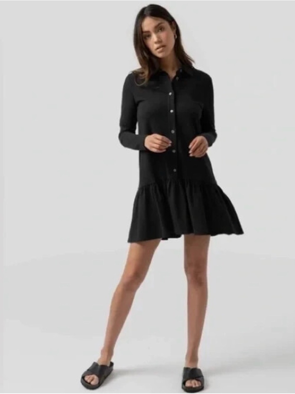 Button-Front Black Ruffle Hem Mini Dress